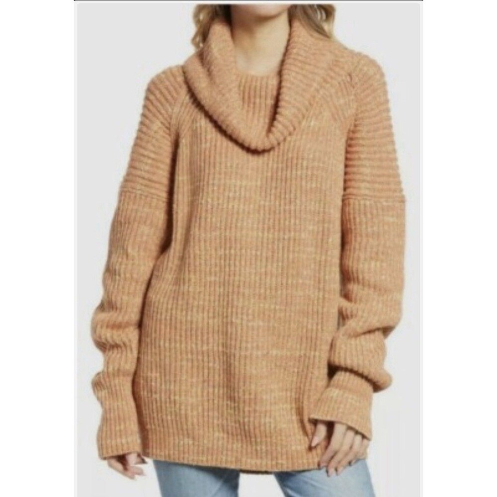 Free People Sweater Leo Tunic Orange Speckled Oversized Ribbed Cowlneck XS